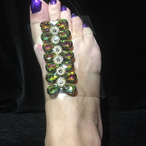 Bella Luna Black Clear Slip Ons Iridescent Rhinestone Square Toe Flats Sandles - Picture 5 of 5